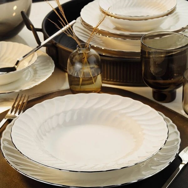 Kütahya Porselen Bone Lilyum 24 Parça Platin Fileli Yemek Takımı