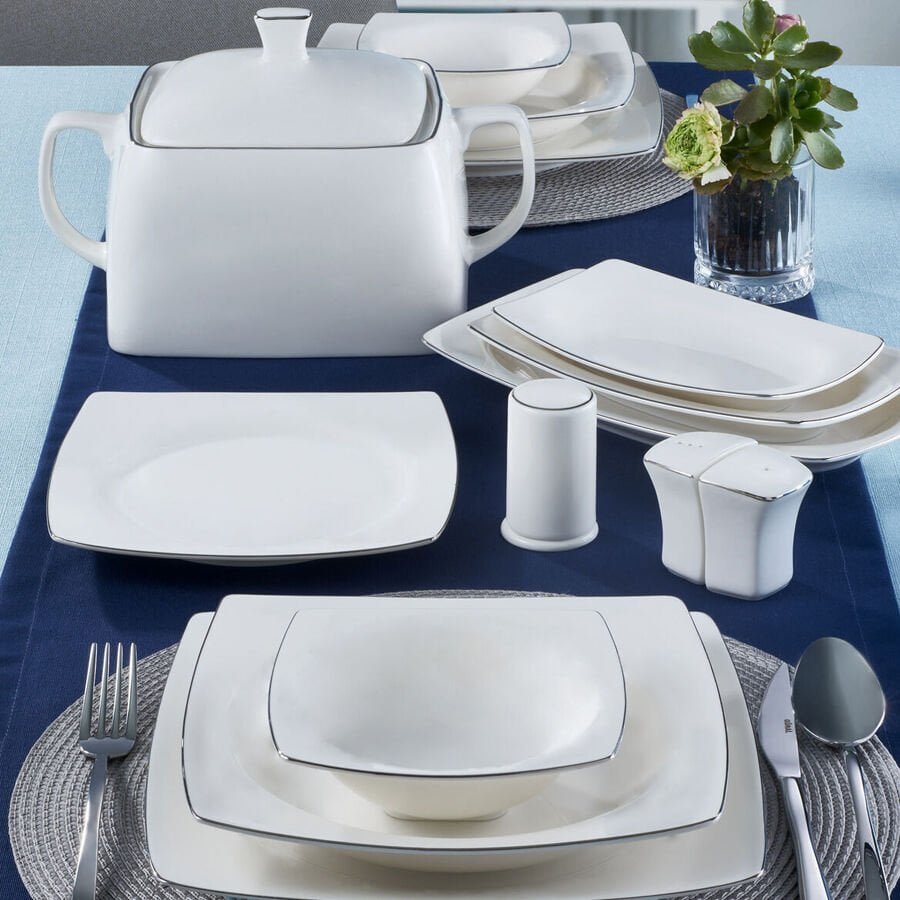 Güral Porselen Bone Caroline 62 Parça Yemek Takımı Platin Fileli