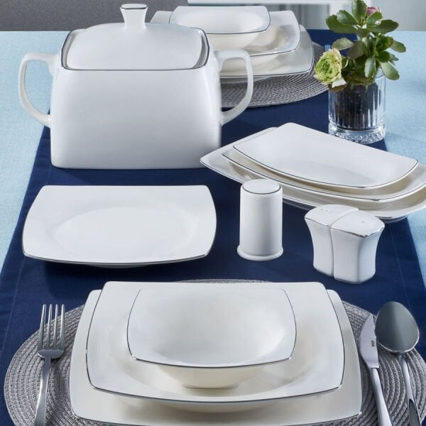 Güral Porselen Bone Caroline 62 Parça Yemek Takımı Platin Fileli