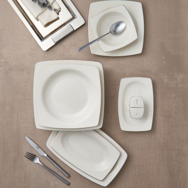 Güral Porselen Bone Caroline 62 Parça Yemek Takımı Platin Fileli