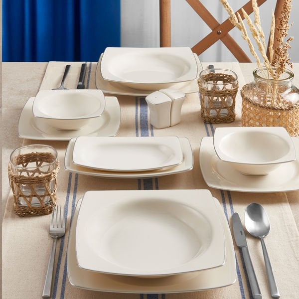 Güral Porselen Bone Caroline 62 Parça Yemek Takımı Platin Fileli