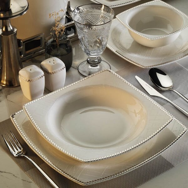 Kütahya Porselen Bone Mare 62 Parça Platin Fileli Yemek Takımı 12394