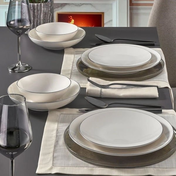 Fecra Bone Premium Aren 16 Parça Porselen Yemek Takımı Gümüş Fileli