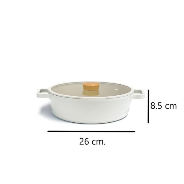 Neoflam Fika Cam Kapaklı Alüminyum Sığ Tencere 26 Cm Bej