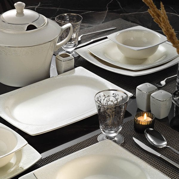 Kütahya Porselen Bone Mare 62 Parça 1079220 Desen Platin Fileli Yemek Takımı