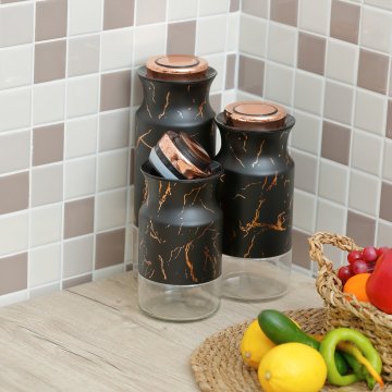 Fecra Arow Marmo Siyah Mermer Desen 3'Lü Kavanoz Seti