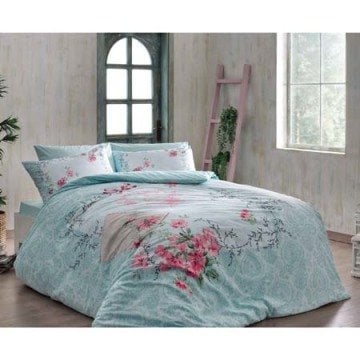 Taç Ranforce Nevresim Takımı Lilyana V1 Mavi Çift Kişilik