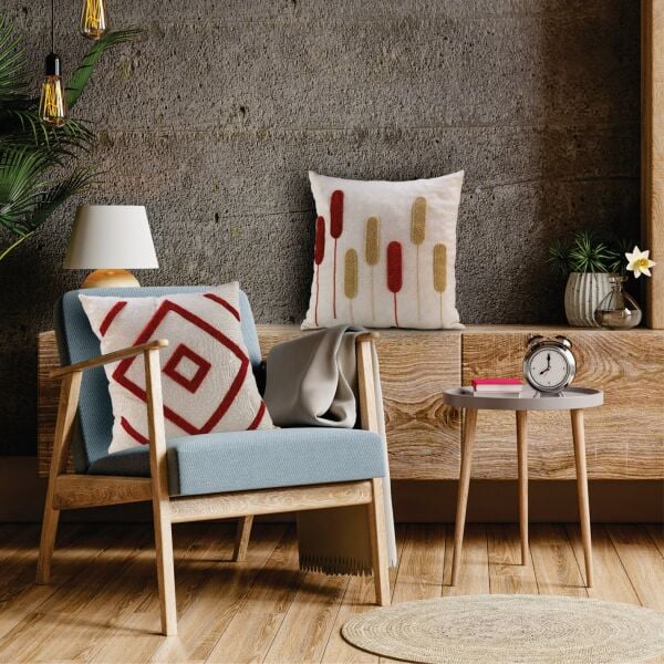 Fecra Botanik Raster Kırlent Kılıfı 43*43 Kırmızı İkili