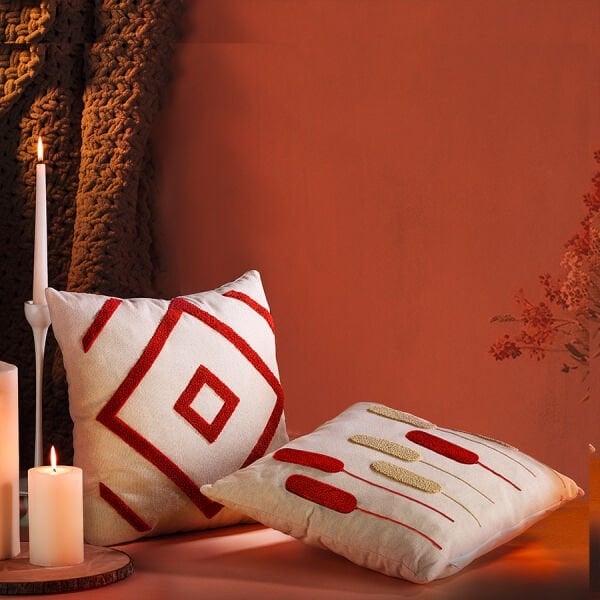 Fecra Botanik Raster Kırlent Kılıfı 43*43 Kırmızı İkili