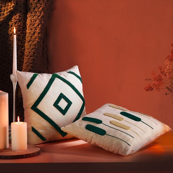 Fecra Botanik Raster Kırlent Kılıfı 43*43 Yeşil İkili