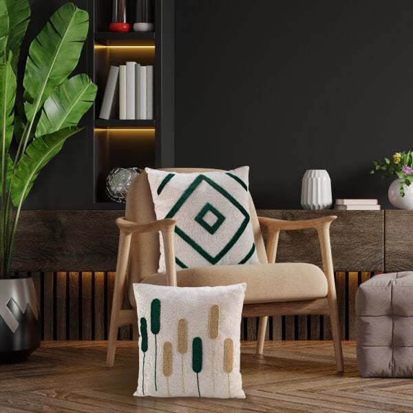 Fecra Botanik Raster Kırlent Kılıfı 43*43 Yeşil İkili