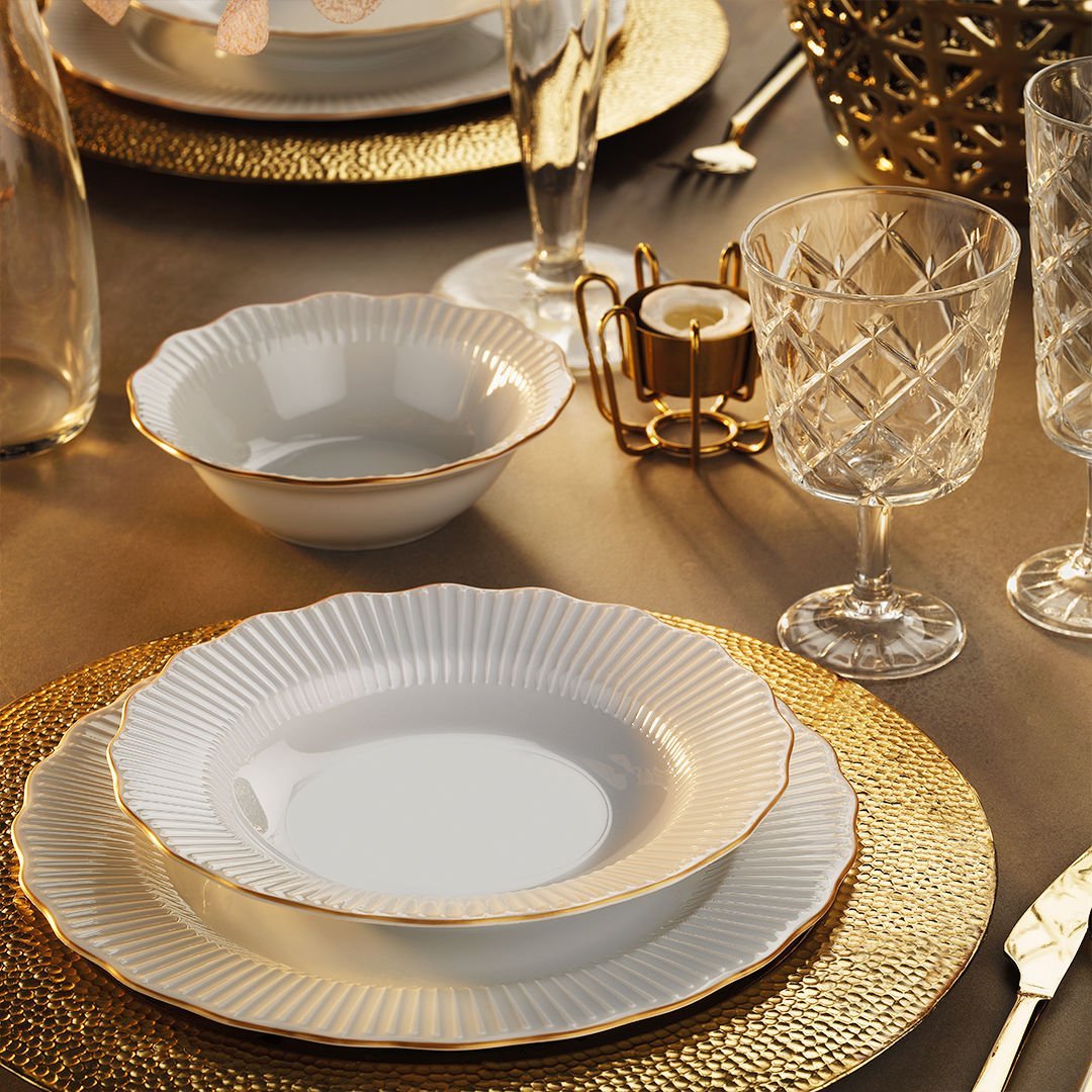 Porland Frilly 18 Parça Yemek Takımı Gold Fileli