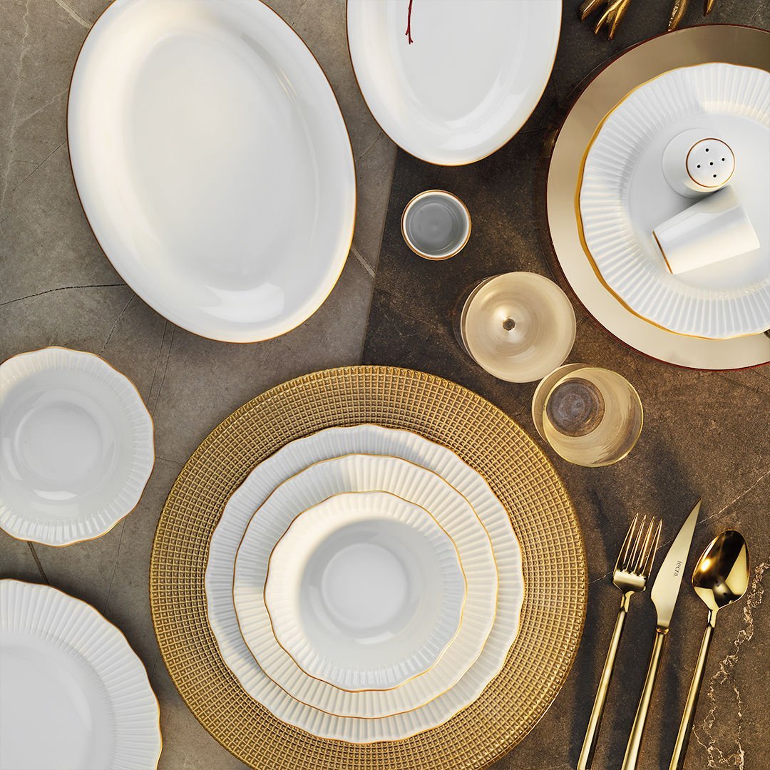 Porland Frilly 56 Parça Yemek Takımı Gold Fileli
