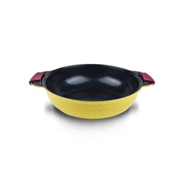 Akdeniz 32 cm Basık Kulplu Cam Kapaklı Döküm Tencere Sarı