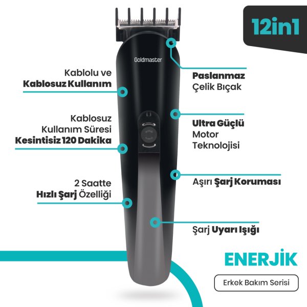 GoldMaster Enerjik Kablolu Kablosuz Hızlı Şarj Paslanmaz Çelik Standlı 12 in 1 Erkek Bakım Seti