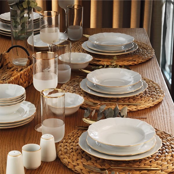 Porland Wavy 56 Parça Yemek Takımı Gold Fileli
