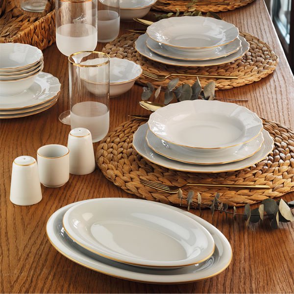 Porland Wavy 56 Parça Yemek Takımı Gold Fileli