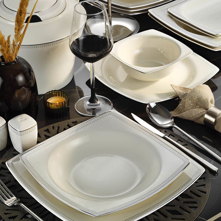 Kütahya Porselen Bone Mare 62 Parça Platin Fileli Yemek Takımı 1079020