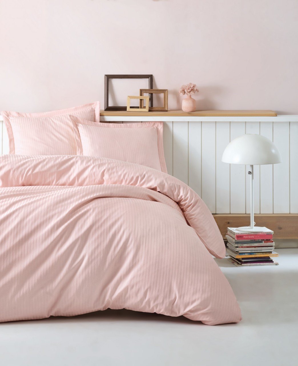 Elegant Stripe Saten Çift Kişilik Nevresim Takımı Pudra