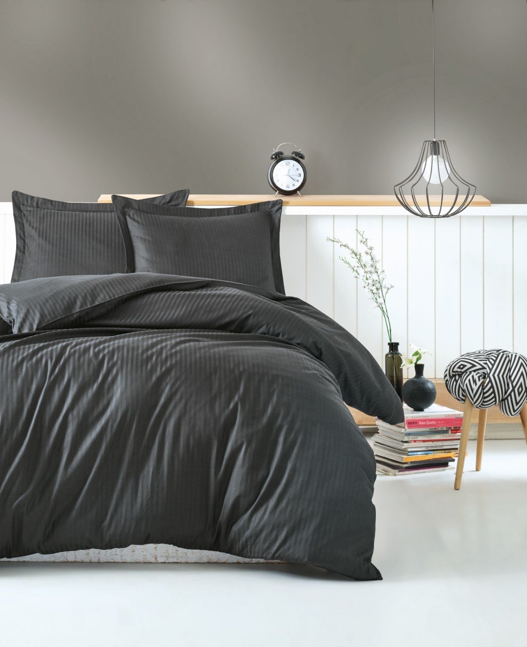 Elegant Stripe Saten Çift Kişilik Nevresim Takımı Antrasit