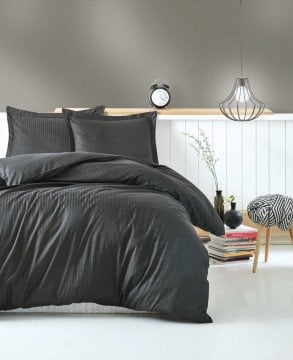 Elegant Stripe Saten Çift Kişilik Nevresim Takımı Antrasit