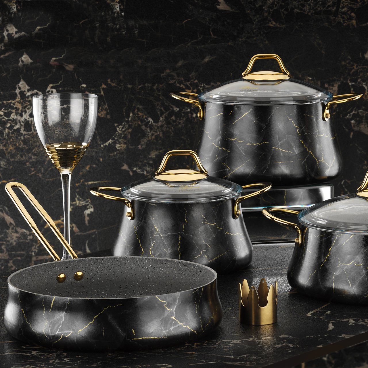 Brioni Marble 7 Parça Mermer Tencere Tava Seti Siyah