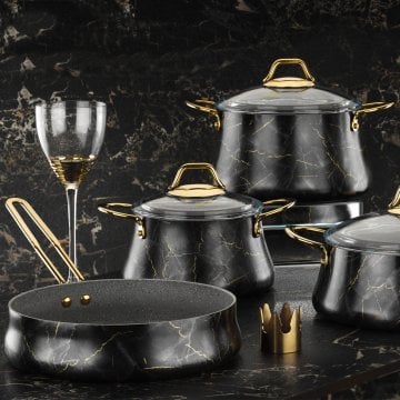 Brioni Marble 7 Parça Mermer Tencere Tava Seti Siyah