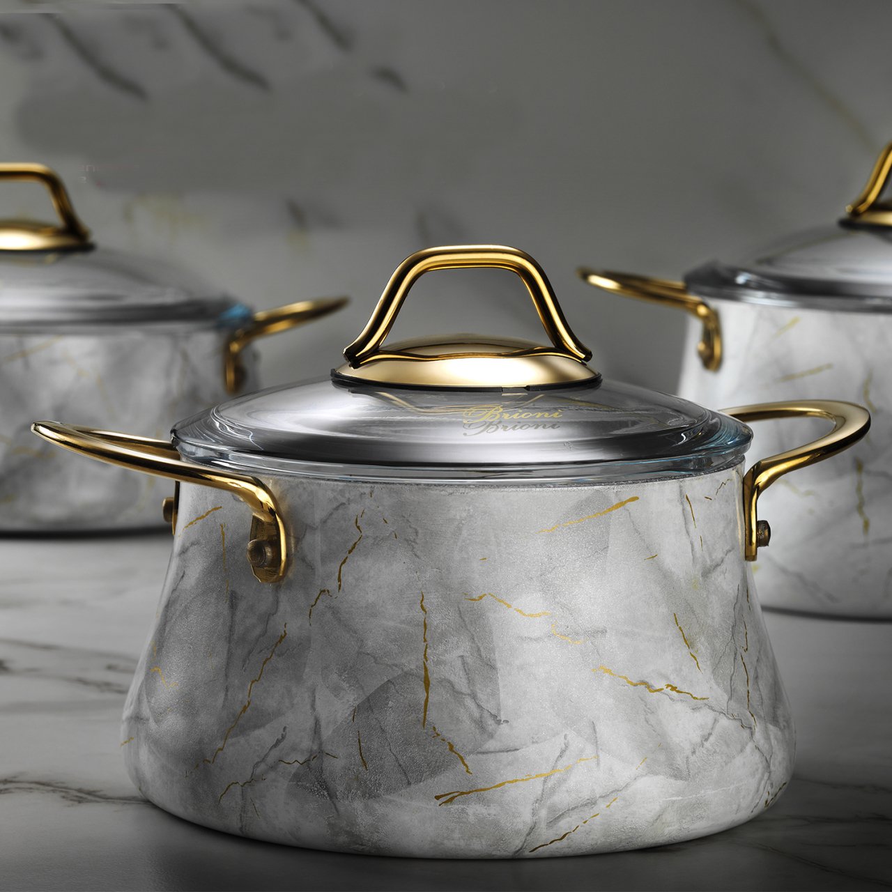 Brioni Marble 7 Parça Mermer Tencere Tava Seti Beyaz