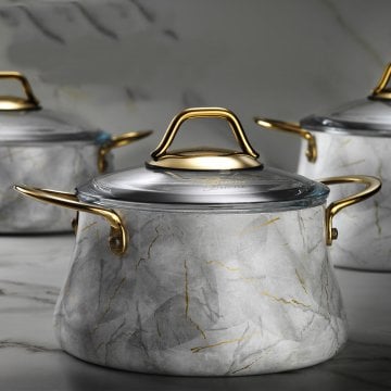 Brioni Marble 7 Parça Mermer Tencere Tava Seti Beyaz