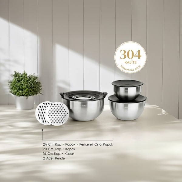 Nehir Silver Çelik 9 Parça Karıştırma Kabı Seti Mat