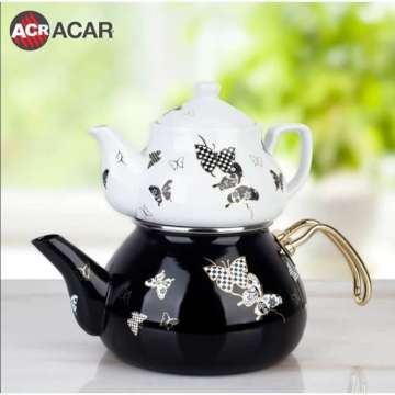 Acar Kelebek Desenli Porselen Demlik Emaye Çaydanlık Takımı