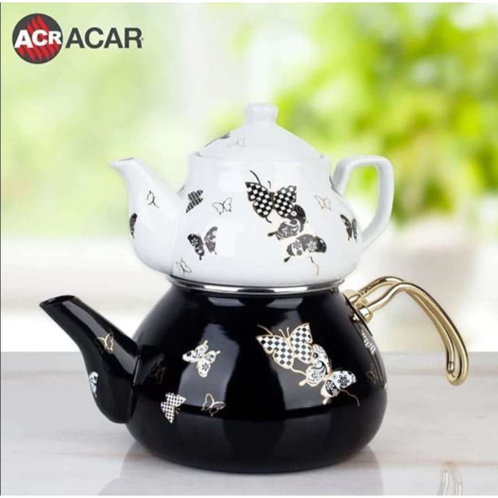 Acar Kelebek Desenli Porselen Demlik Emaye Çaydanlık Takımı