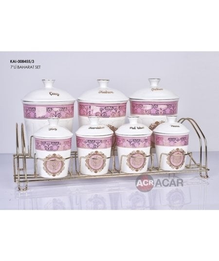 Acar 7 Parça Stantlı Porselen Baharat Seti Pembe