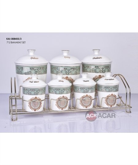 Acar 7 Parça Stantlı Porselen Baharat Seti Mint Yeşil