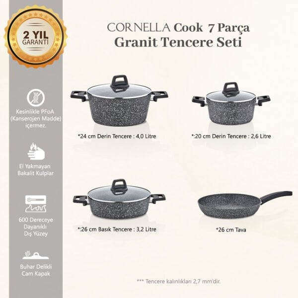 Cornella Cook 7 Parça Granit Tencere Seti Gri
